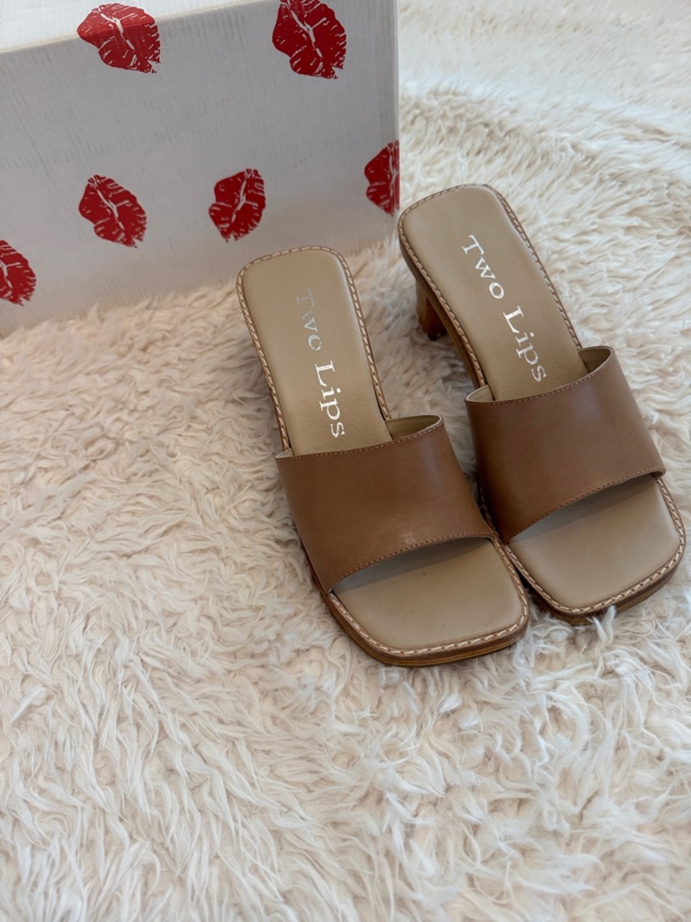 Two Lips Tan Leather Slide Mules